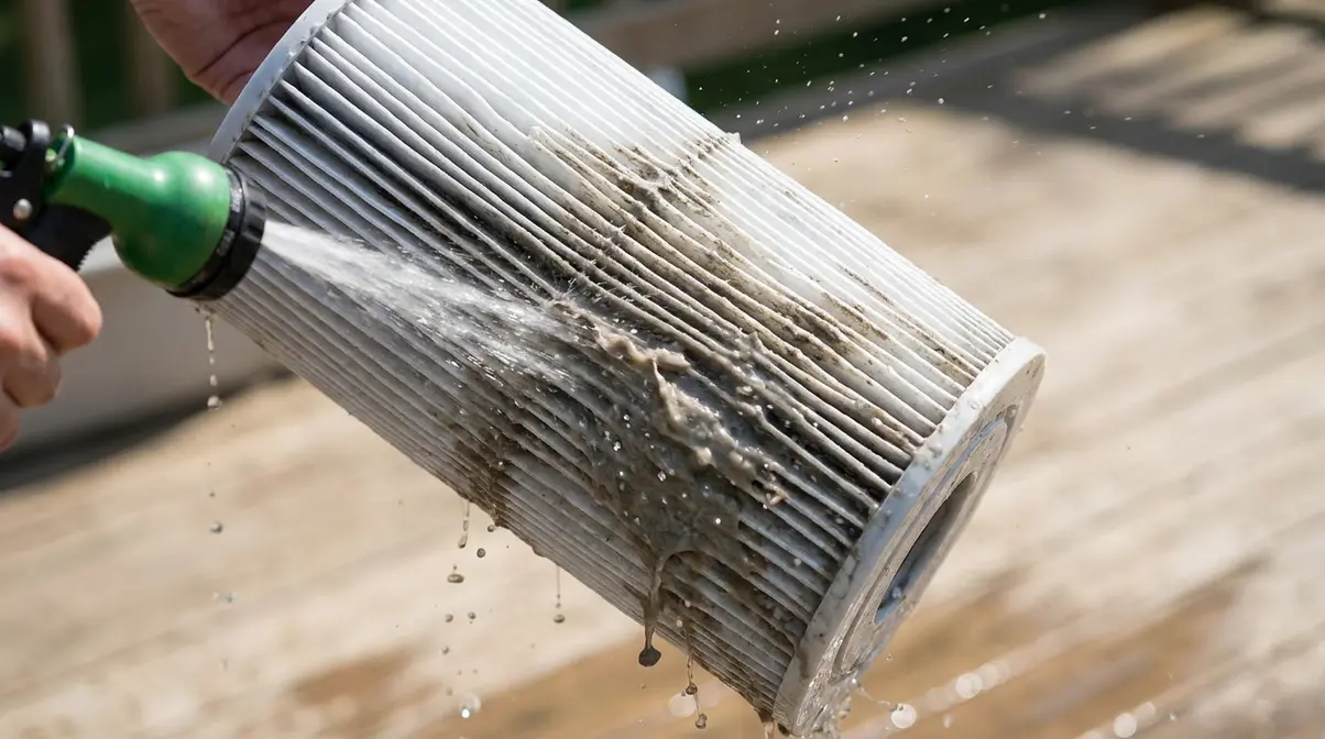 Cleaning a hot tub filter cartridge with garden hose to help clear cloudy hot tub water