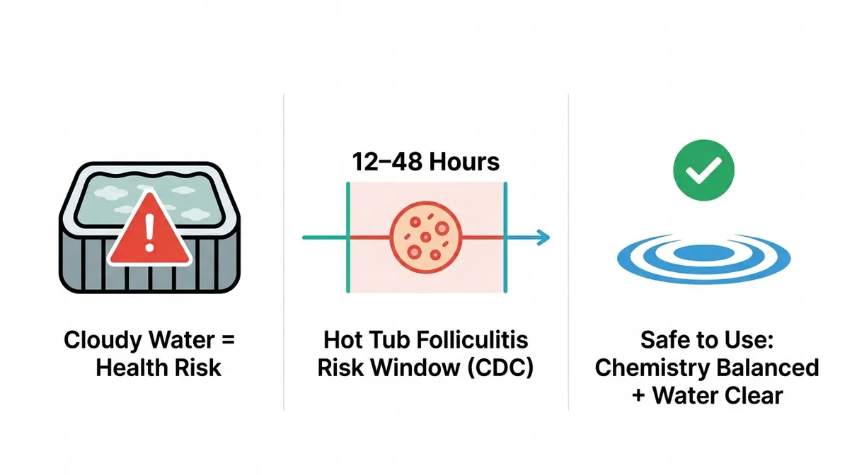 Health risk infographic showing hot tub folliculitis timeline from cloudy water exposure