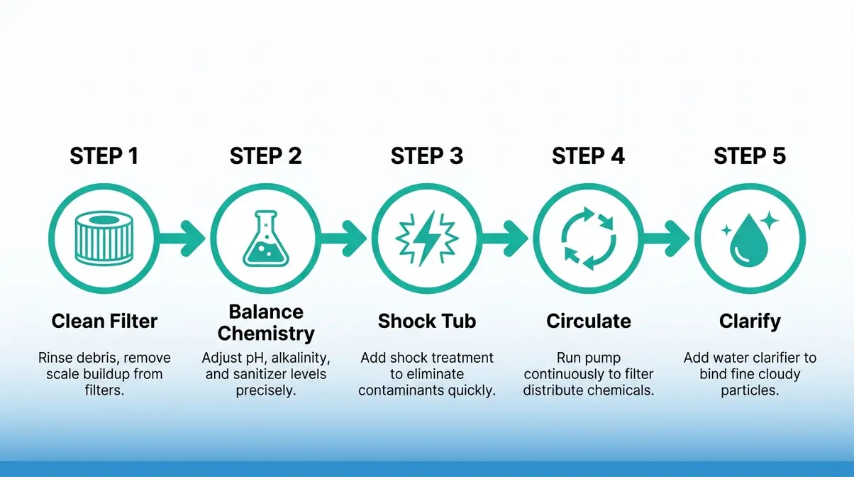 Five steps to clear cloudy hot tub water from filter cleaning to water clarifier