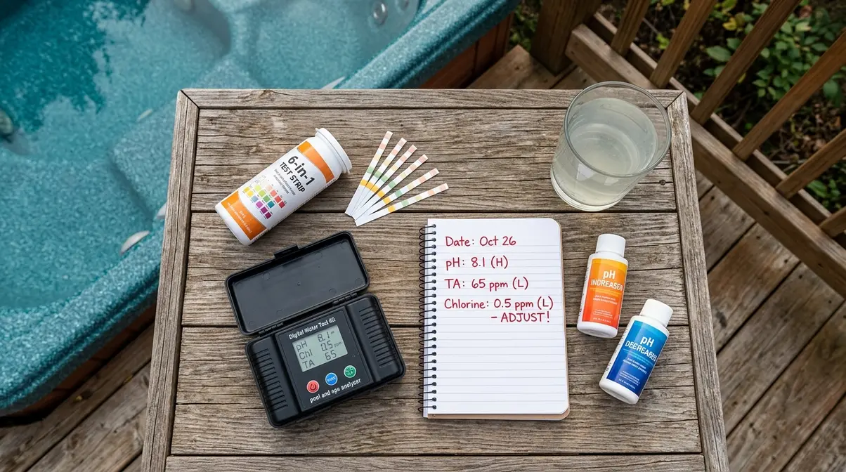 Hot tub water chemistry testing supplies showing out-of-range pH and alkalinity readings