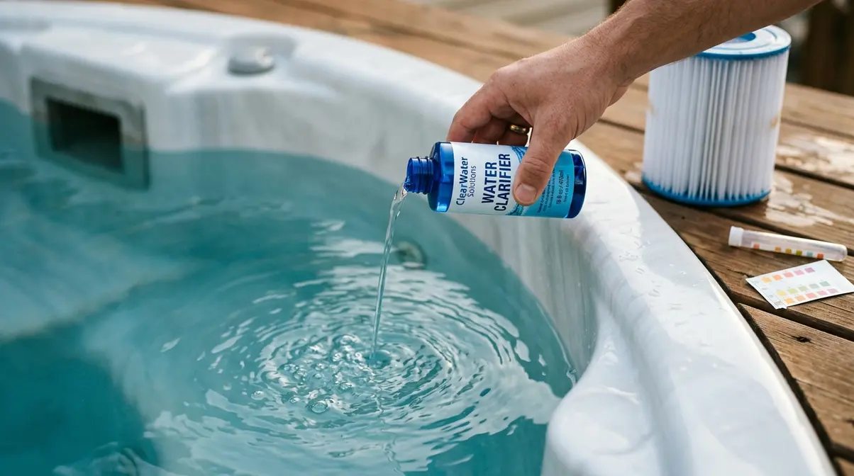 Pouring water clarifier into a hot tub to clear remaining cloudy water after shocking