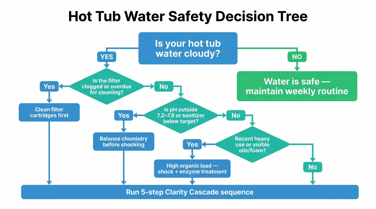 Flowchart decision tree for diagnosing cloudy hot tub water causes including filter chemistry and contaminant checks