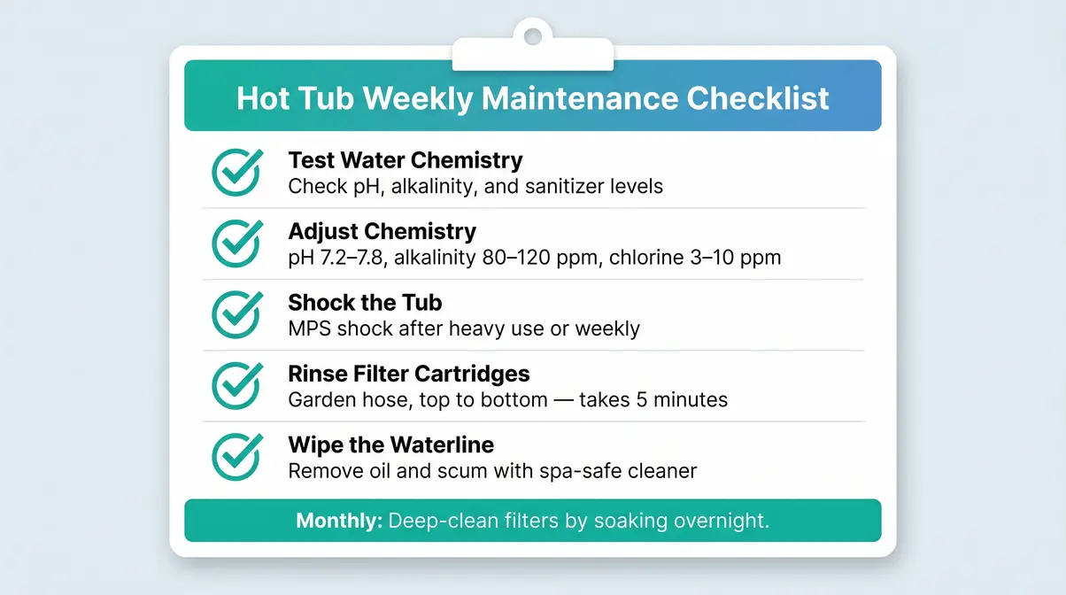 Visual weekly hot tub maintenance checklist to prevent cloudy hot tub water with five key tasks