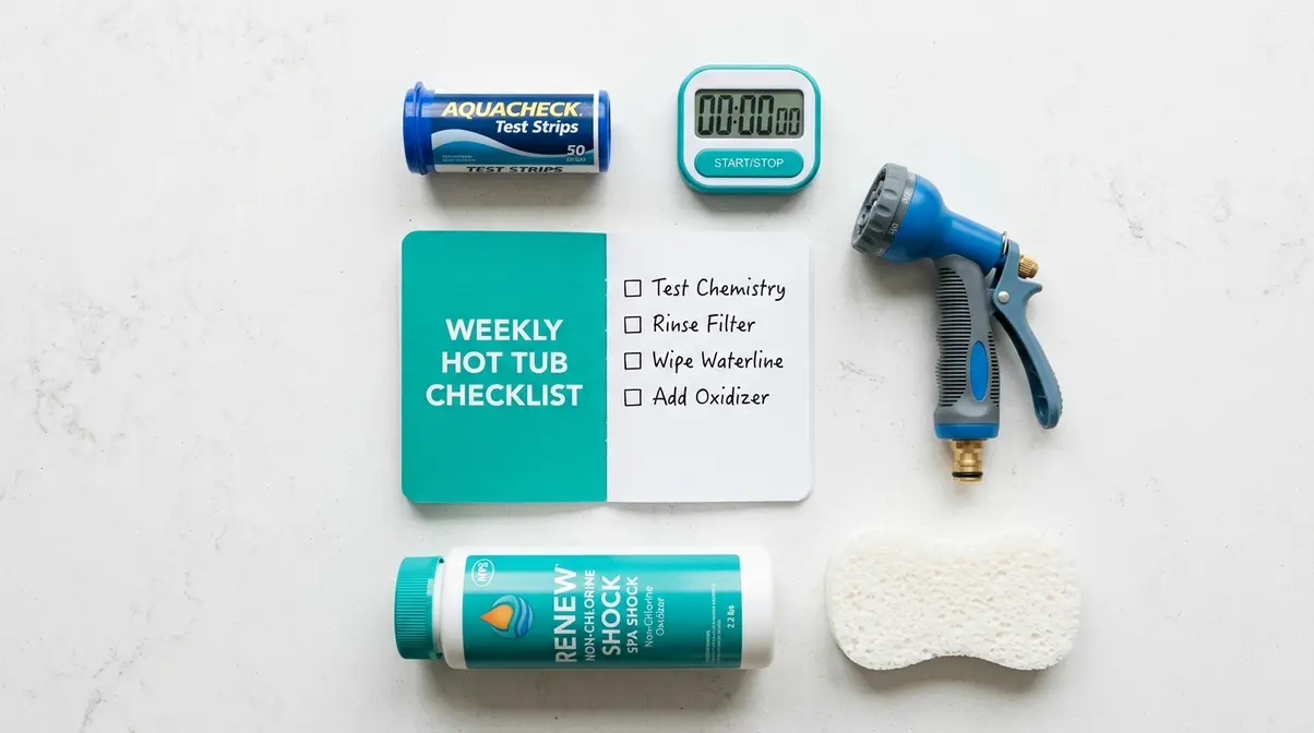 Weekly hot tub maintenance kit with test strips filter rinse and non-chlorine shock supplies