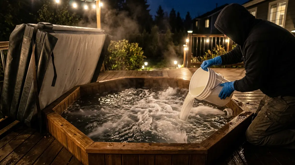 Adding chlorine shock to a hot tub overnight with cover removed and jets running