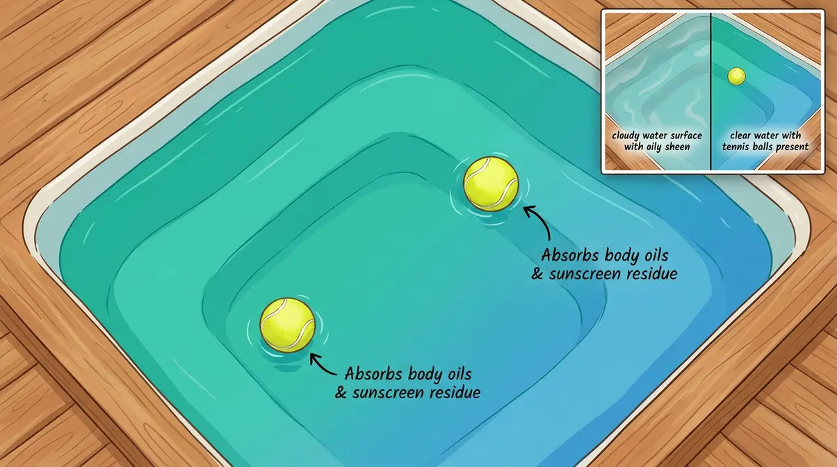 Yellow tennis balls floating in hot tub to absorb body oils and prevent cloudy water buildup