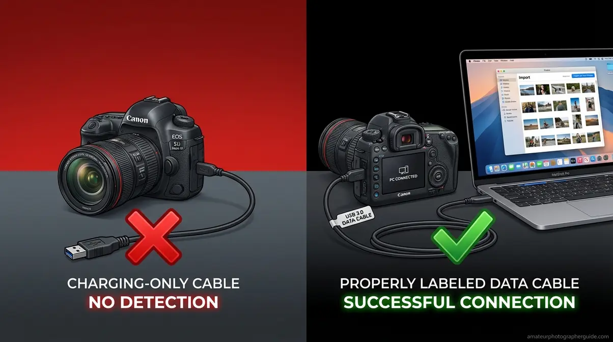 Split-screen showing Canon camera not detected on Mac with wrong cable versus successful detection with data cable