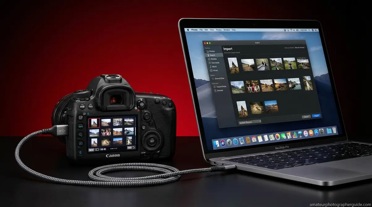 Canon DSLR camera connected to MacBook using USB data cable for photo import