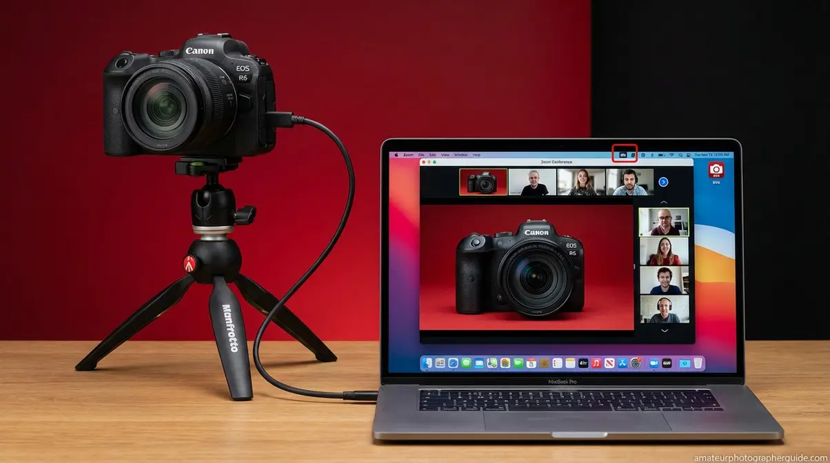 Canon EOS camera set up as a high-quality webcam connected to MacBook showing Zoom video call