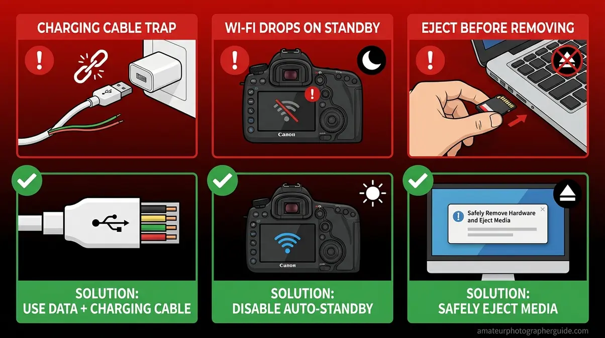 Three common Canon to MacBook connection pitfalls showing charging cable trap, Wi-Fi dropout, and SD card ejection warning