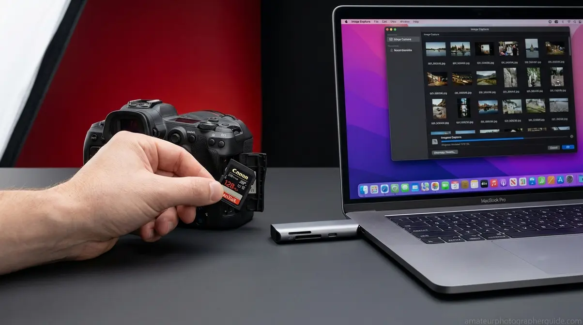 Canon camera SD card inserted into USB-C card reader connected to MacBook for photo transfer