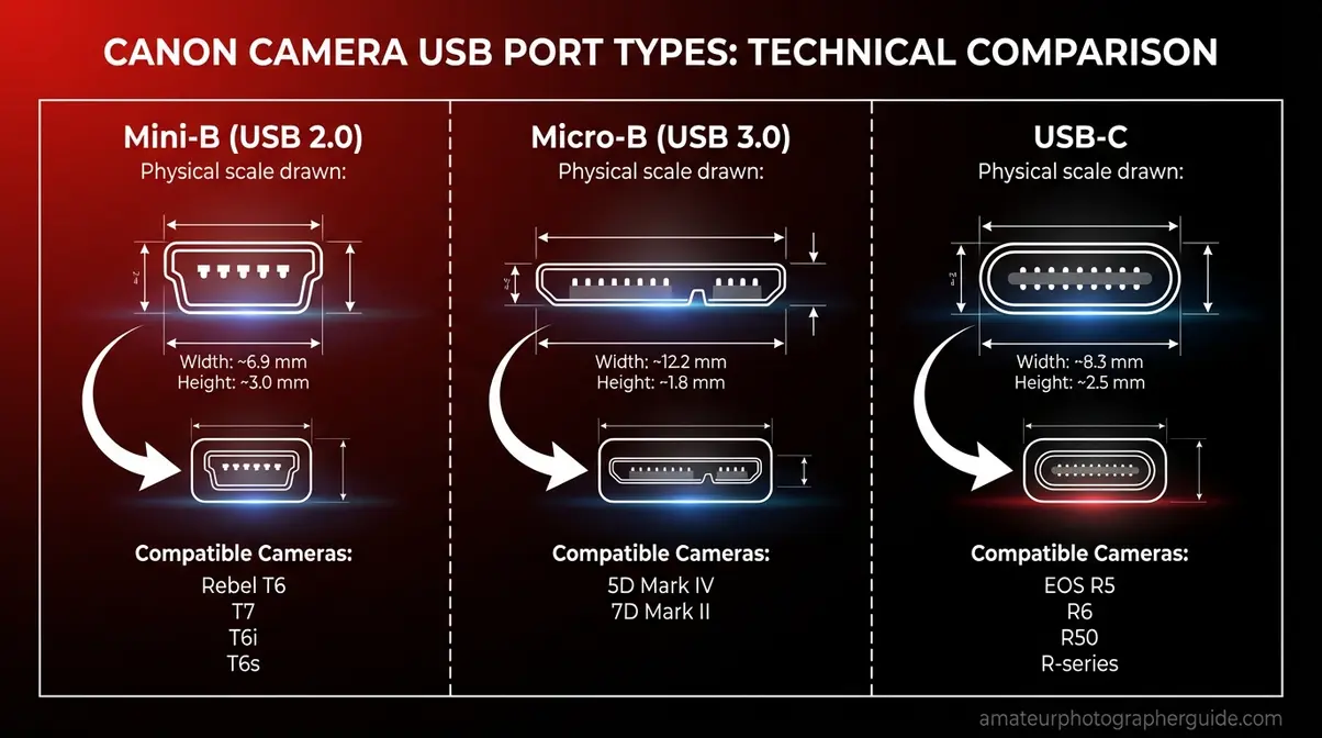 Visual diagram comparing Mini-B, Micro-B, and USB-C ports found on Canon DSLR and mirrorless cameras to help identify the correct cable for MacBook connection