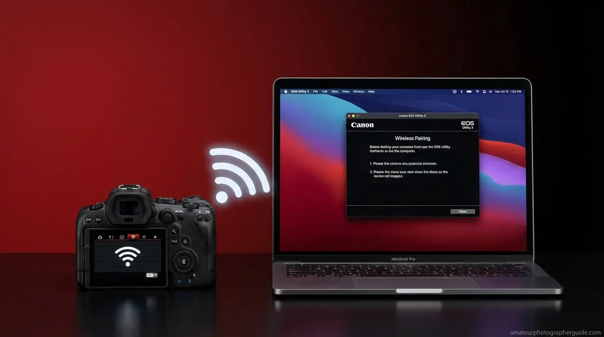 Canon EOS camera with Wi-Fi enabled connecting wirelessly to MacBook via EOS Utility software