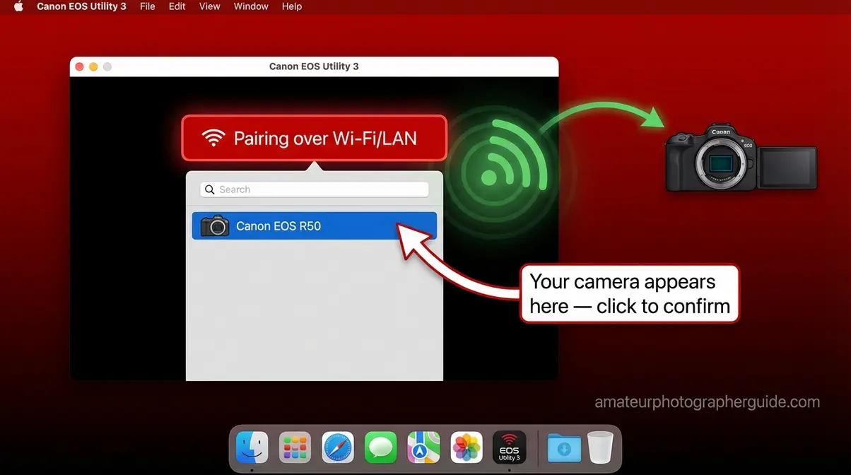 Screenshot of EOS Utility wireless pairing interface on Mac showing the camera selection screen during Canon Wi-Fi connection setup