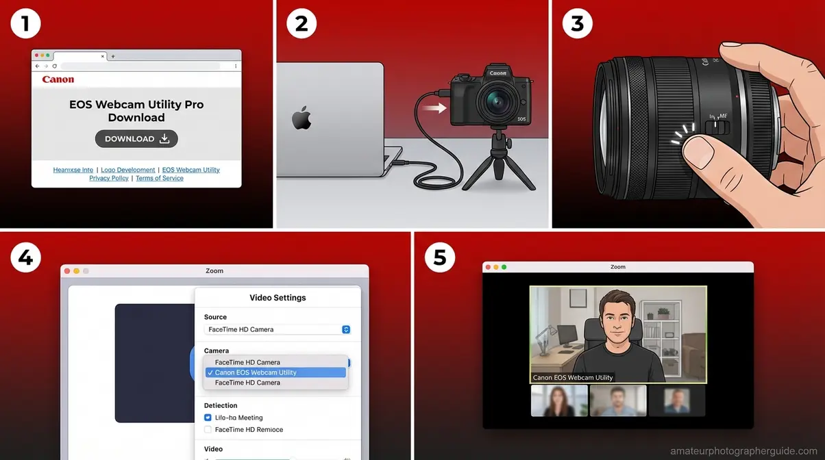 Five-step EOS Webcam Utility setup process showing Canon camera as Mac webcam in Zoom video call