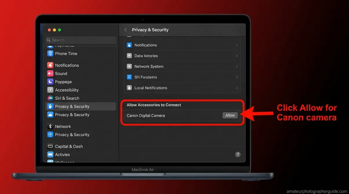 macOS Sequoia System Settings Privacy and Security showing Allow Accessories to Connect permission for Canon camera on M2 Mac