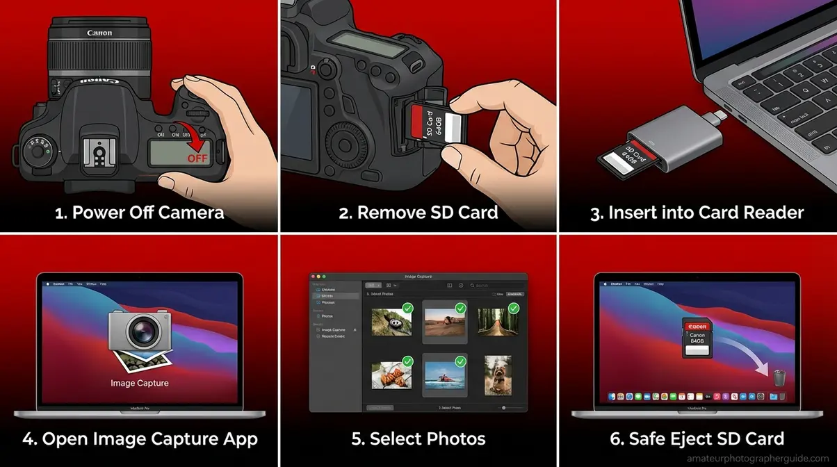 Six-step guide showing how to remove Canon SD card and import photos to Mac using card reader