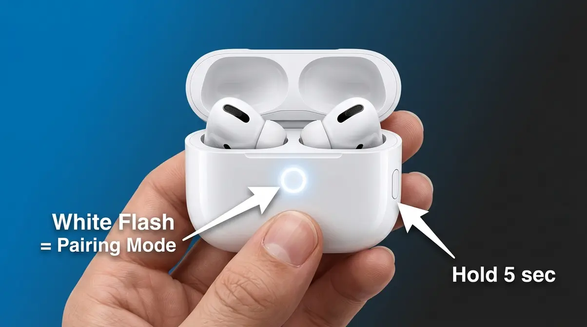 Open AirPods Pro case in hand with status light flashing white indicating active pairing mode