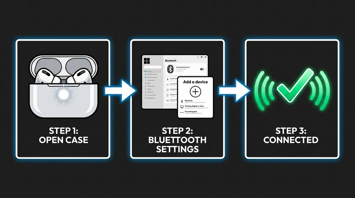 Infographic showing three steps to connect AirPods to a Windows PC: open case, open Bluetooth settings, connected