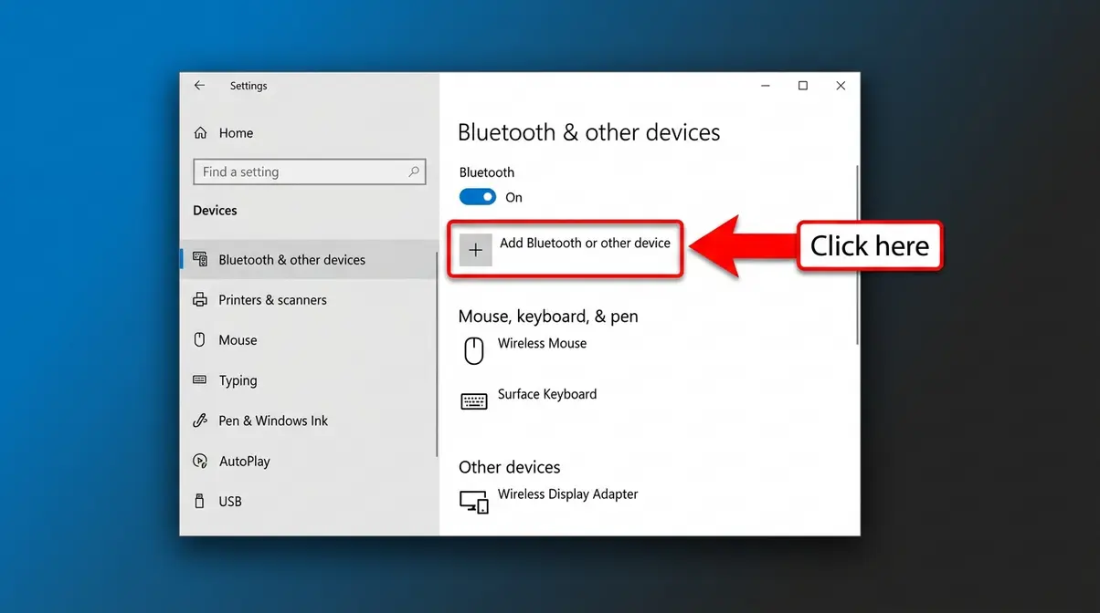 Windows 10 Devices settings screen showing the Add Bluetooth or other device button highlighted