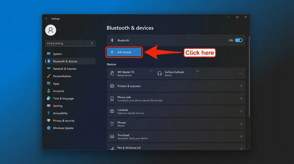 Windows 11 Bluetooth and devices settings screen with the Add Device button highlighted in blue