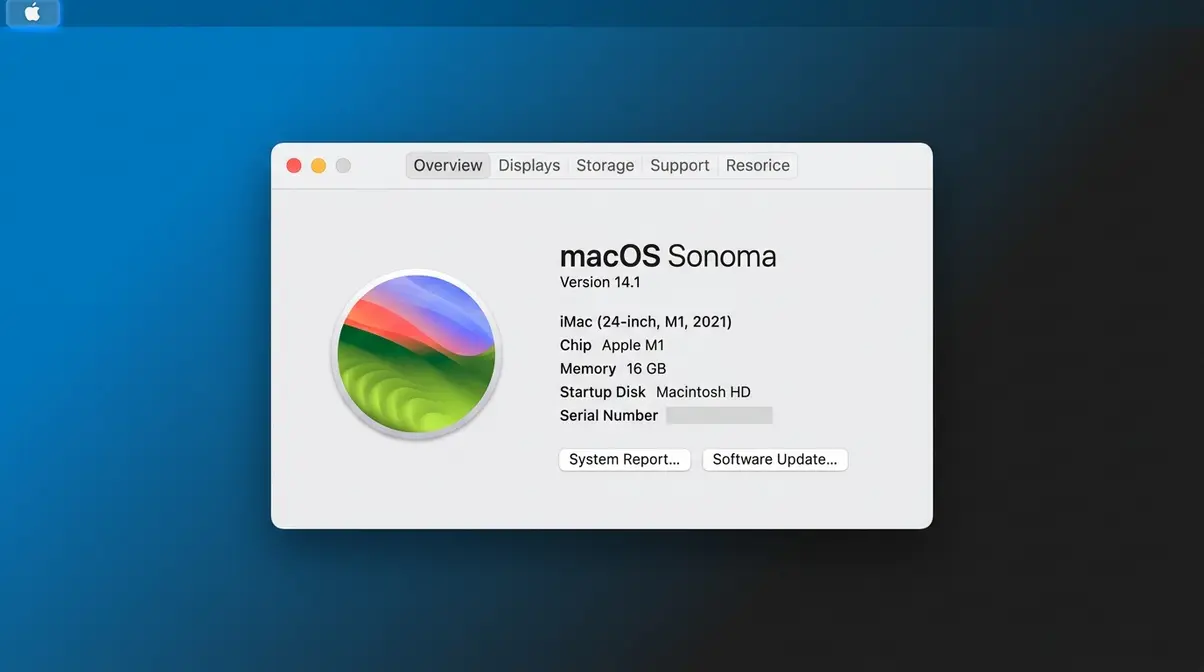 macOS About This Mac dialog showing iMac 24-inch 2021 model year for compatibility check