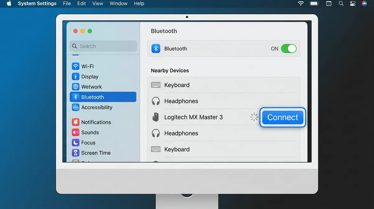 macOS Sonoma Bluetooth settings panel showing a wireless mouse detected and ready to connect to iMac