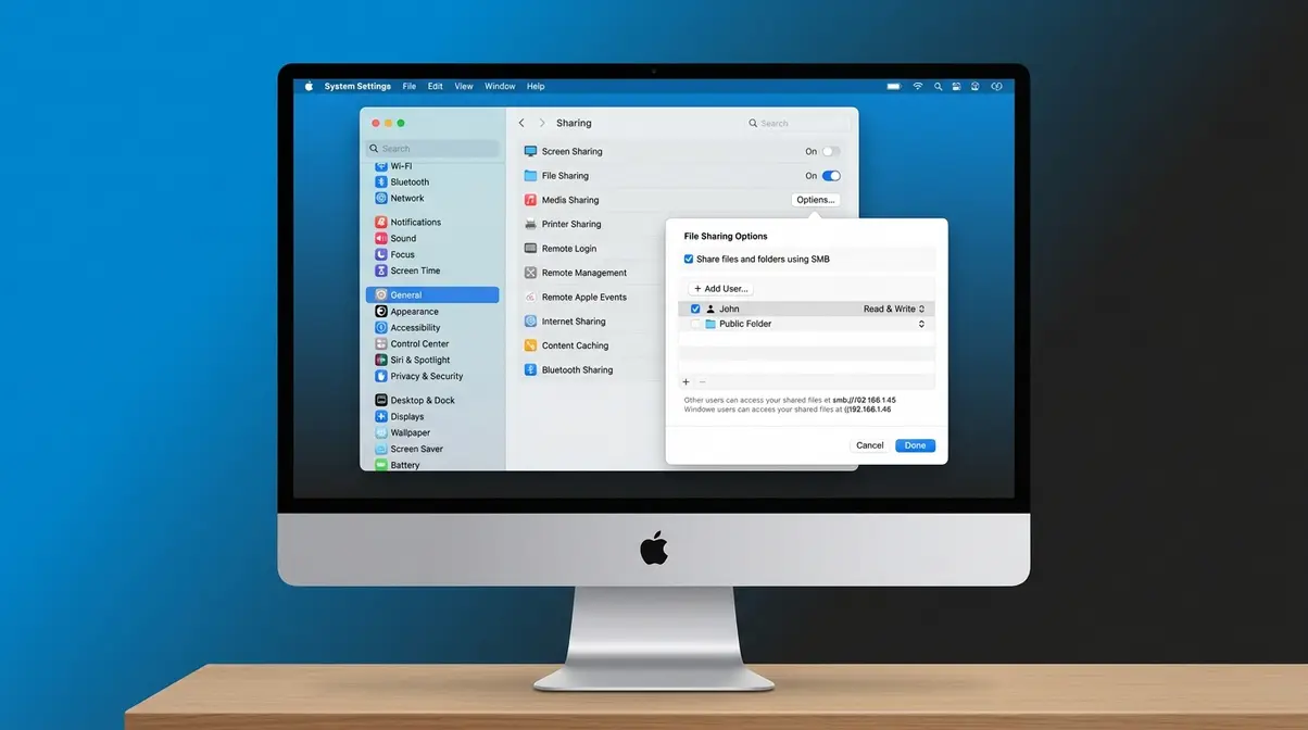 macOS Sonoma System Settings Sharing panel showing File Sharing enabled with SMB option checked for Windows access