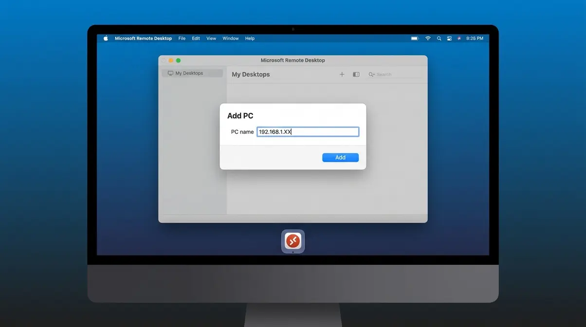 Microsoft Remote Desktop on macOS Sonoma showing Add PC dialog with Surface Pro IP address entered