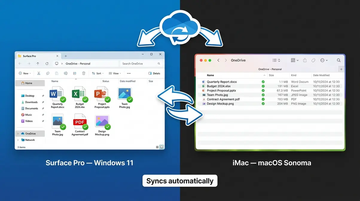 OneDrive folder showing synced files between Surface Pro Windows 11 and iMac macOS Sonoma side by side