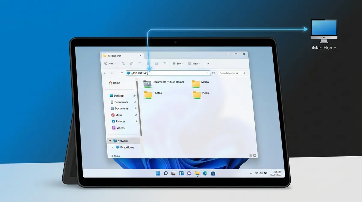 Windows 11 File Explorer showing iMac network drive accessed via SMB IP address for file transfer