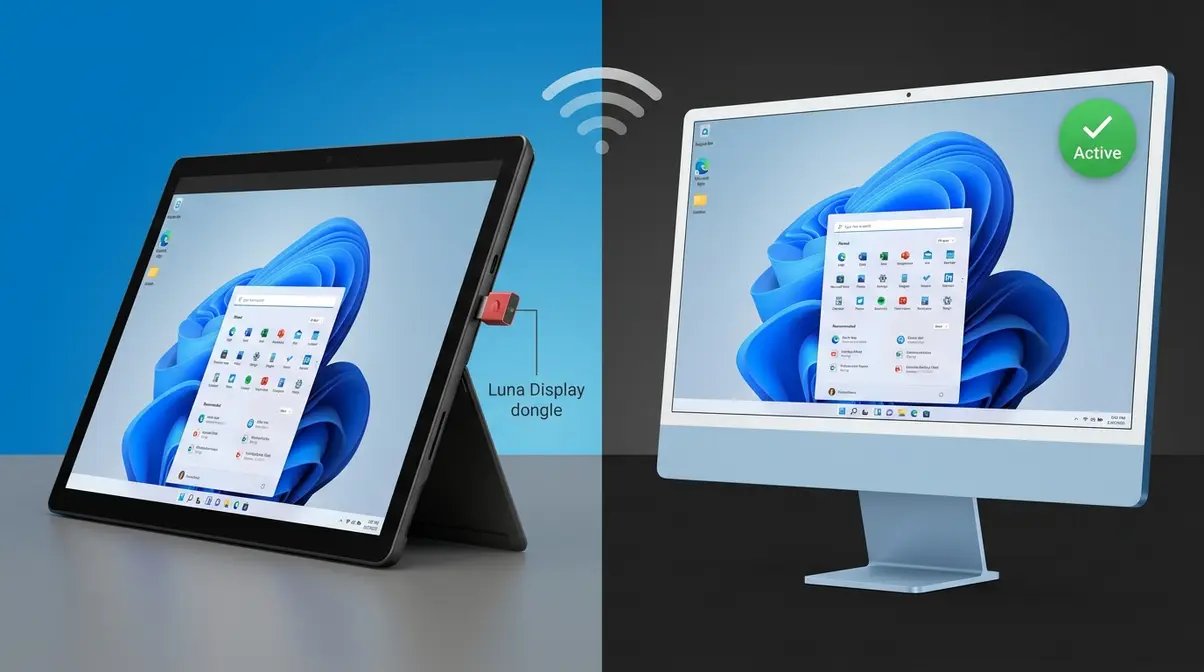 Surface Pro screen wirelessly mirrored on iMac display using Luna Display dongle on same Wi-Fi network