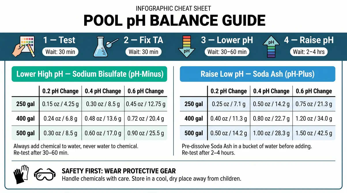 Hot tub pH levels chemistry cheat sheet showing step-by-step adjustment process with dosage charts for sodium bisulfate and soda ash