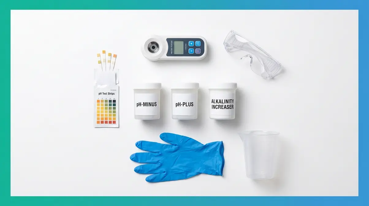 Hot tub pH testing and balancing tools including test strips, measuring cup, gloves, and pH chemicals