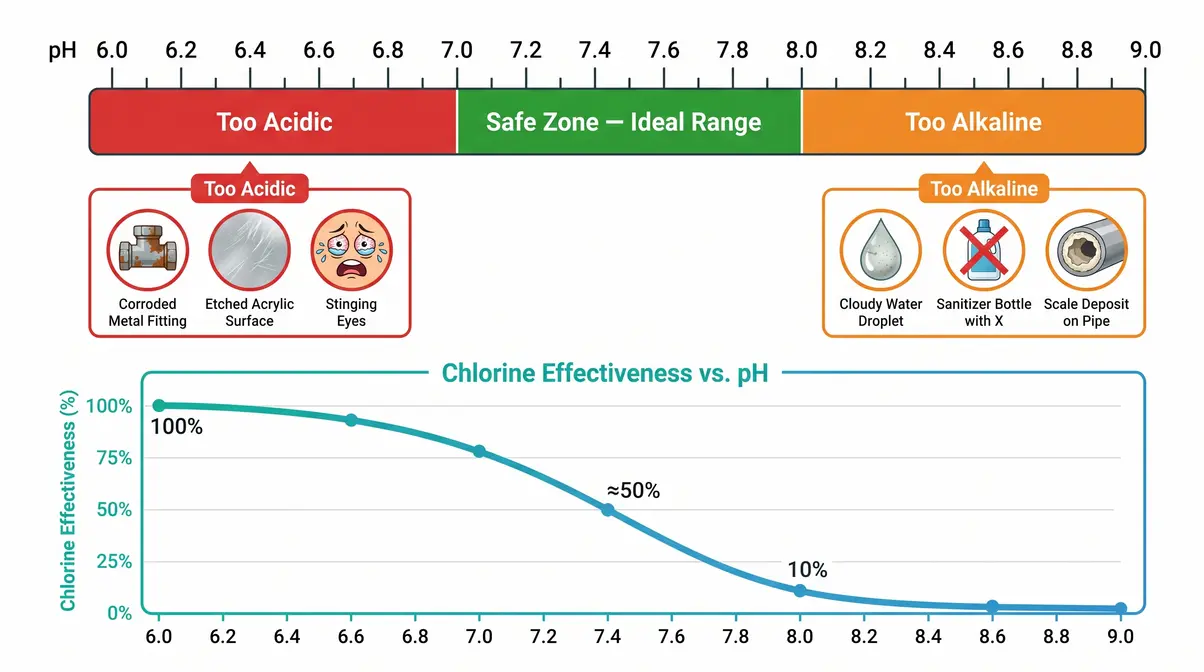 Hot tub pH levels scale diagram showing ideal range 7.2 to 7.8 and effects of high and low pH