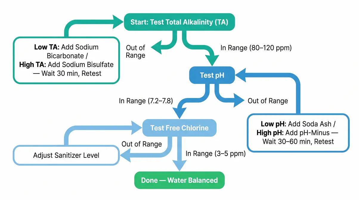 Hot tub water chemistry testing flowchart showing correct order to test and adjust Total Alkalinity then pH then sanitizer