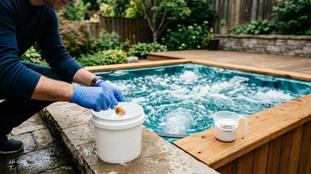 Adding sodium bisulfate pH-Minus to a bucket of spa water to lower hot tub pH safely