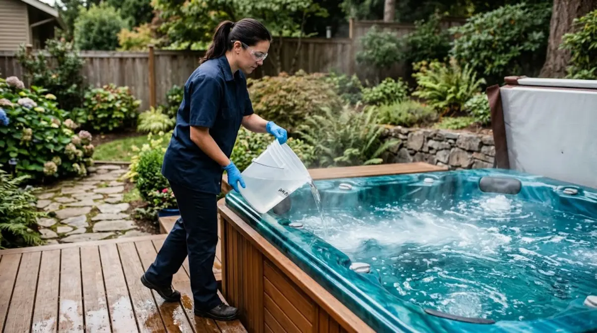 Adding dissolved soda ash solution to hot tub to raise low pH levels safely with jets running