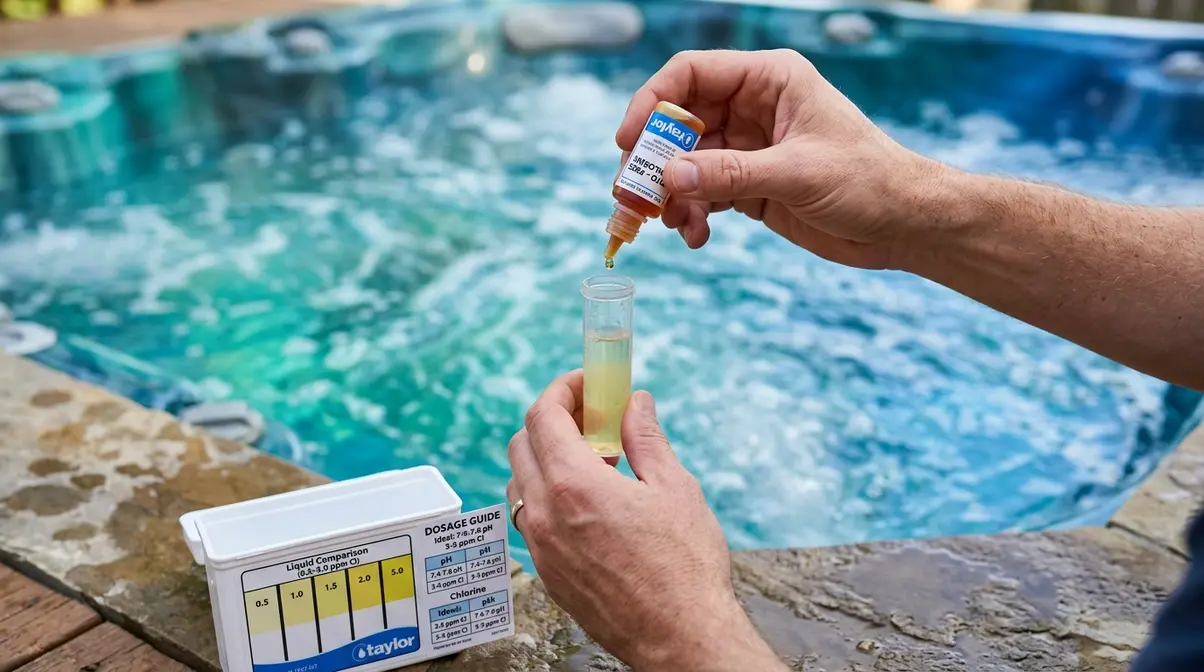 Testing hot tub Total Alkalinity with a liquid test kit before adjusting pH levels