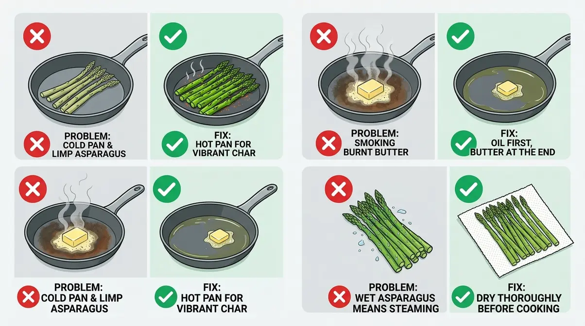 How To Cook Asparagus In A Pan: 5-Step Skillet Guide 12 Three common asparagus cooking mistakes and their fixes shown in problem-solution panels
