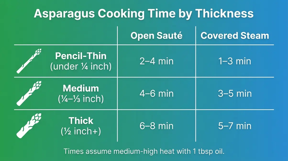 How To Cook Asparagus In A Pan: 5-Step Skillet Guide 8 Asparagus cooking time chart showing pencil-thin, medium, and thick spears with timing ranges