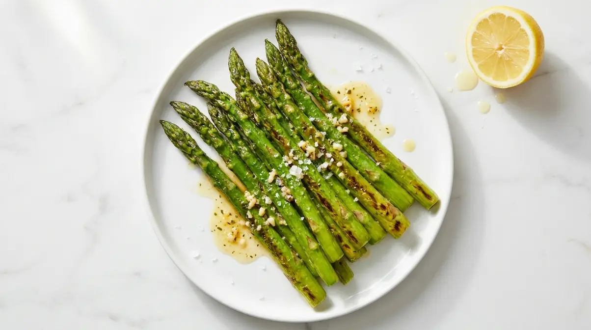 How To Cook Asparagus In A Pan: 5-Step Skillet Guide 7 Finished pan-fried asparagus with lemon and garlic butter on a white ceramic plate