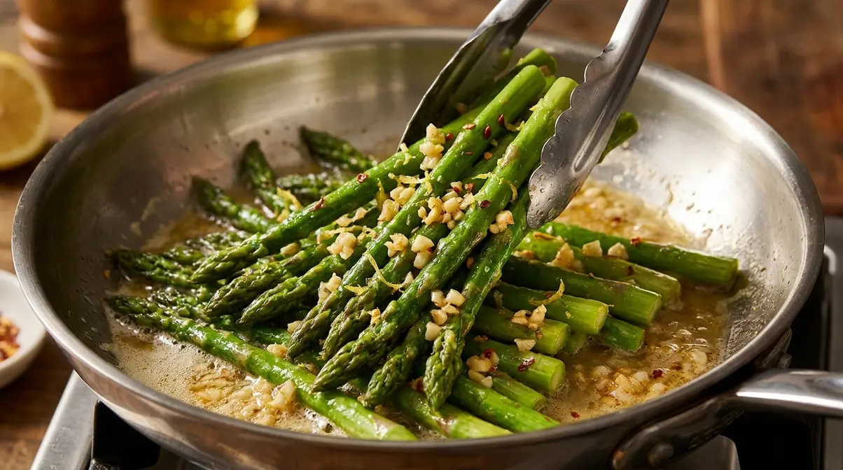 How To Cook Asparagus In A Pan: 5-Step Skillet Guide 9 Garlic butter asparagus in a skillet with visible minced garlic and fresh lemon zest