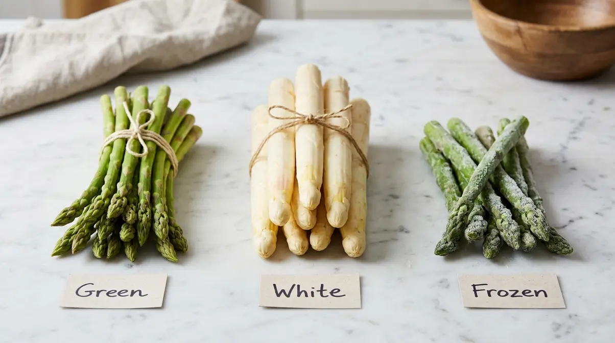 How To Cook Asparagus In A Pan: 5-Step Skillet Guide 10 Three types of asparagus side by side: fresh green, white, and frozen spears for pan cooking