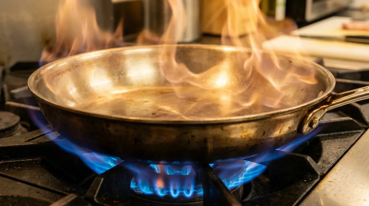 How To Cook Asparagus In A Pan: 5-Step Skillet Guide 4 Stainless steel skillet on gas burner showing heat shimmer before adding oil