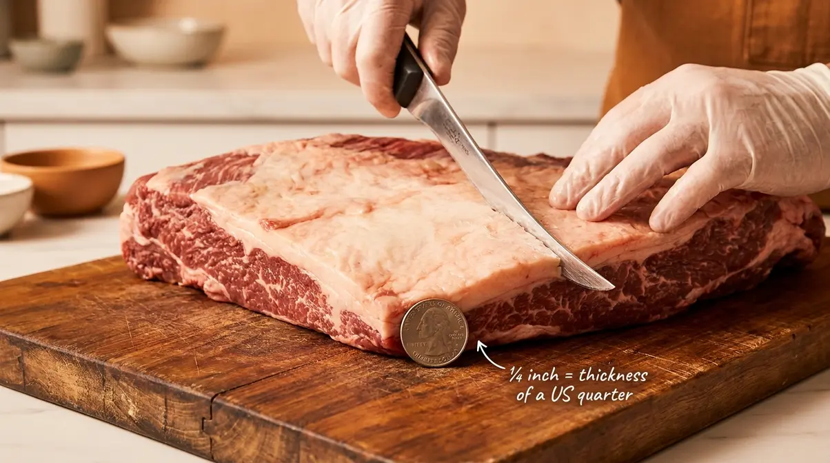 How To Cook Brisket Quickly: 3 Fast Methods That Work 4 Close-up of brisket being trimmed to quarter-inch fat cap using a US quarter as a guide