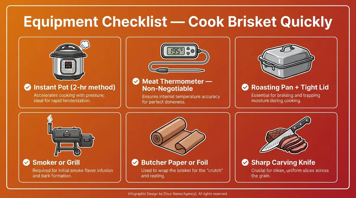 How To Cook Brisket Quickly: 3 Fast Methods That Work 2 Equipment checklist for cooking brisket quickly including Instant Pot, meat thermometer, and roasting pan