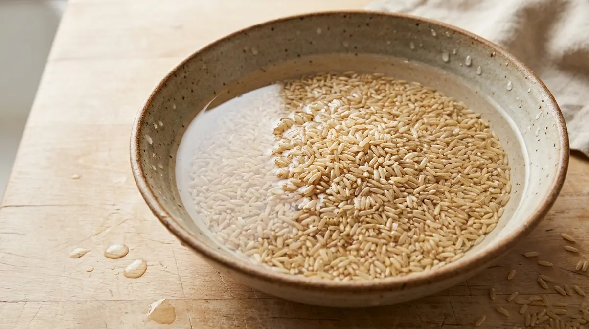 How To Cook Brown Rice Quickly: 4 Fast Methods (2026) 5 Brown rice soaking in large bowl of cold water before pre-soaked stovetop cooking method