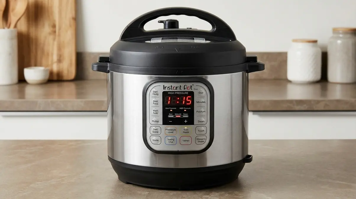 How To Cook Brown Rice Quickly: 4 Fast Methods (2026) 3 Instant Pot display set to high pressure with 15-minute timer for brown rice