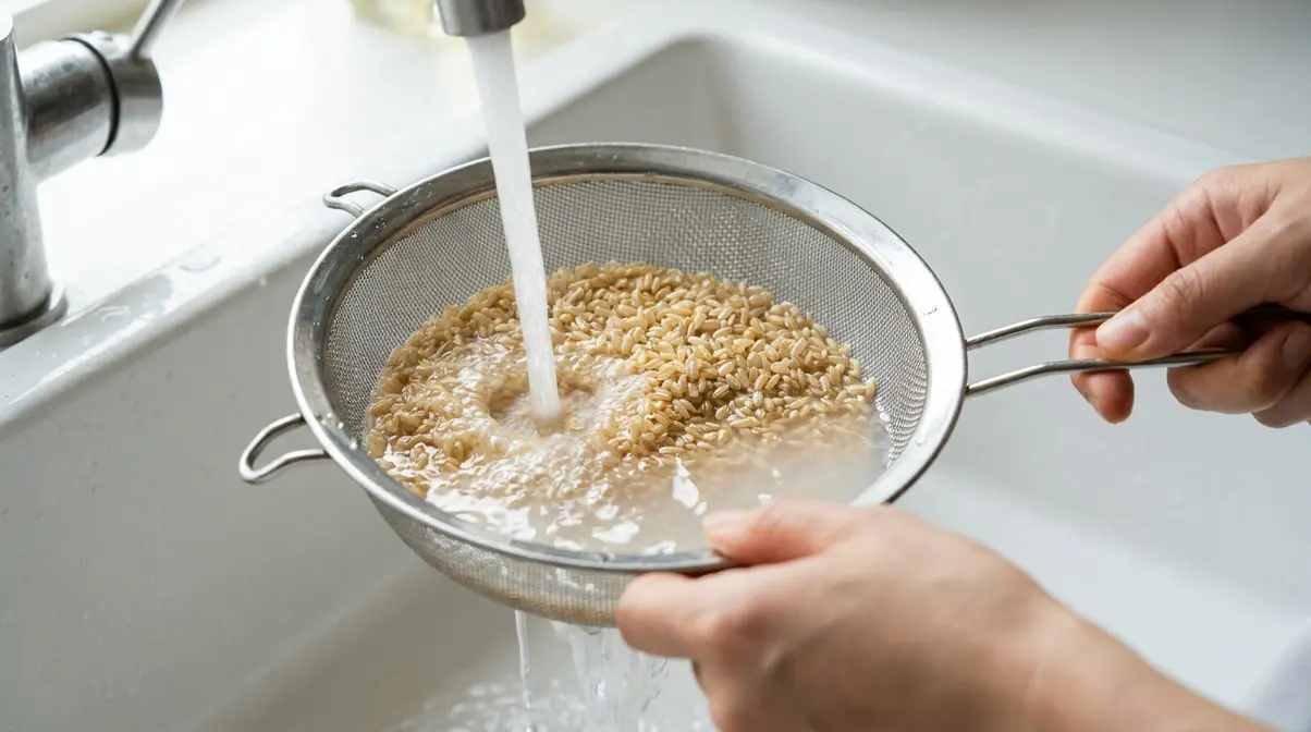 How To Cook Brown Rice Quickly: 4 Fast Methods (2026) 1 Hands rinsing brown rice in fine-mesh strainer under cold water, cloudy starch visible